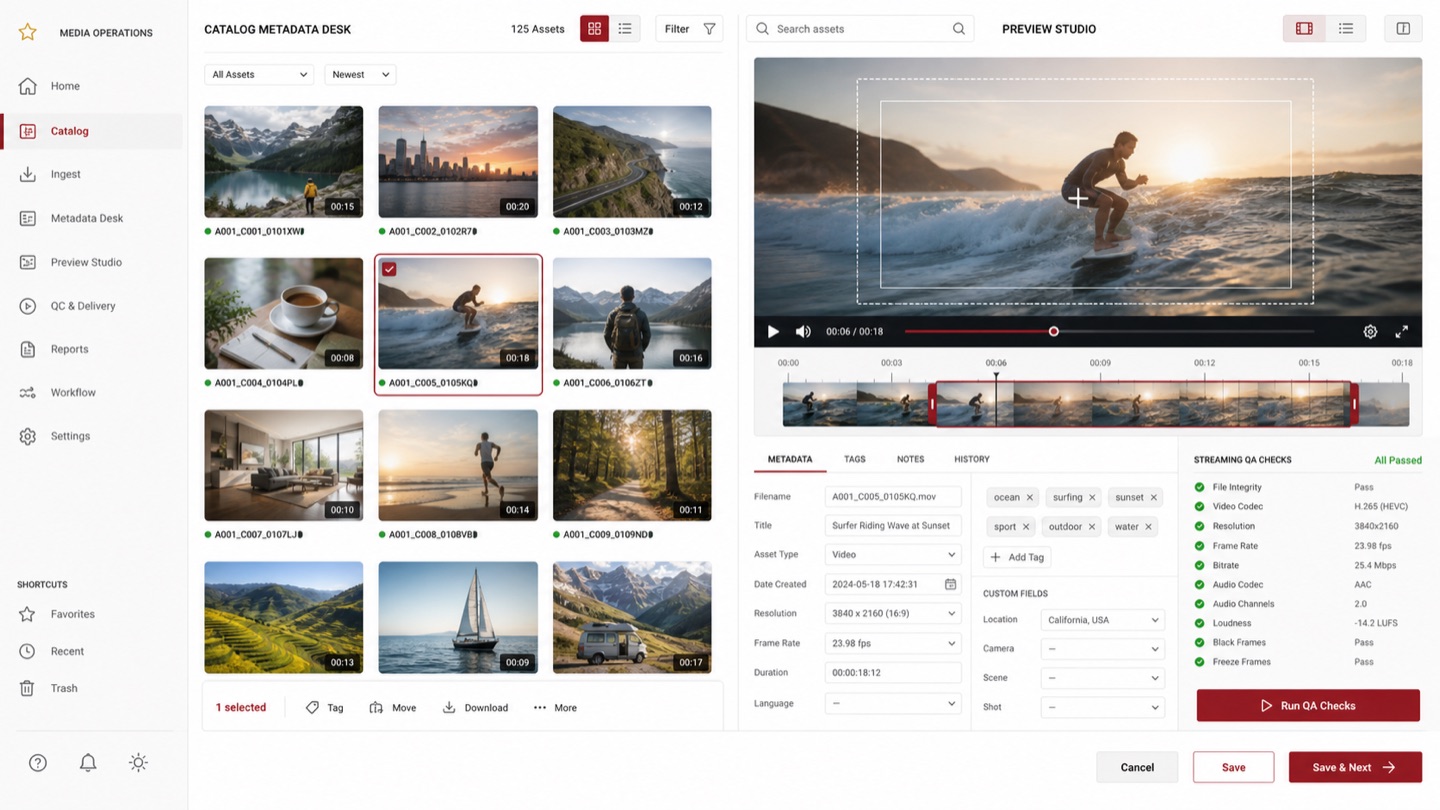 Catalog and Preview Studio workspace with media assets, metadata, timeline, crop guides, and streaming checks
